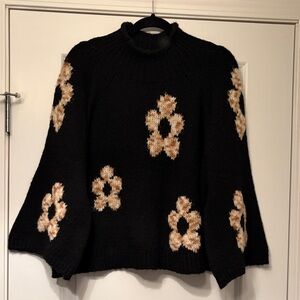 Black Floral-Accent Turtleneck Sweater